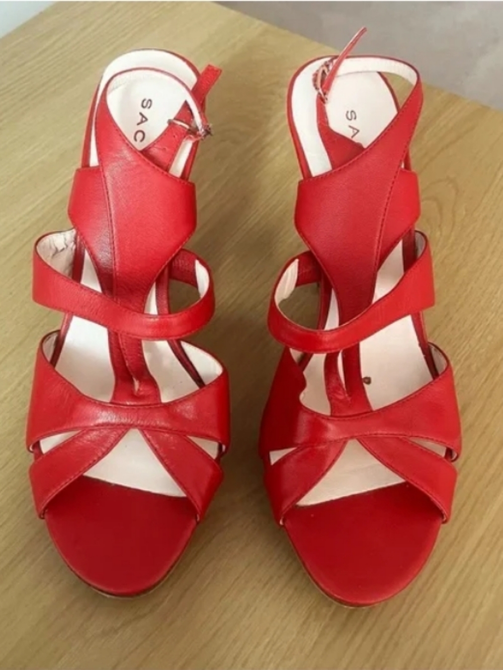 Sacha London - (Size 9) Red Strappy Open Toe Leather Women's Heels Shoes